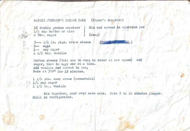 Margie Johnson's Cheesecake recipe