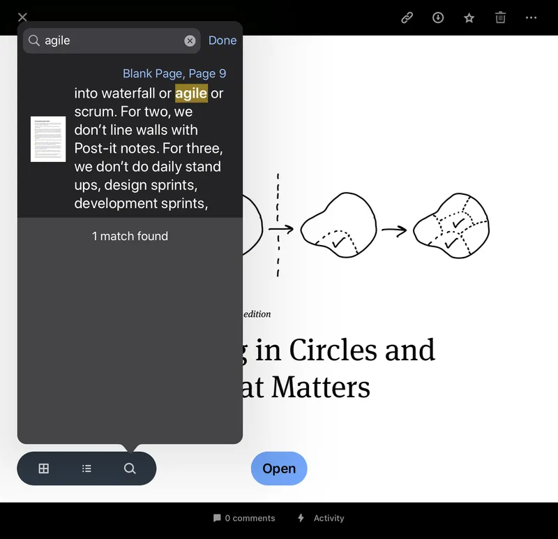 Shape Up book search results showing minimal mentions of agile