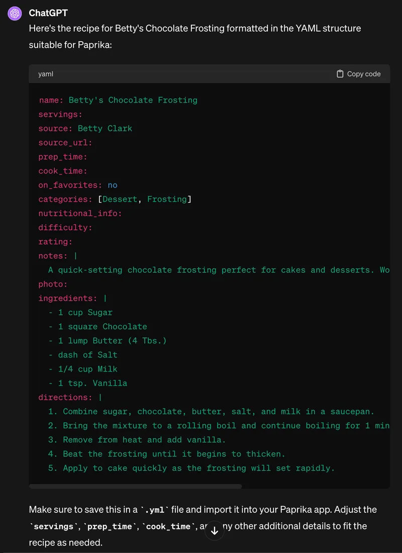 Betty's chocolate frosting recipe and YAML output