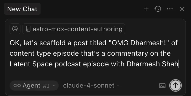 Cursor conversation showing AI scaffolding a blog post structure with proper directory organization and frontmatter