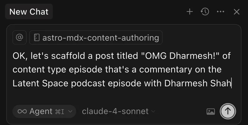 Cursor conversation showing AI scaffolding a blog post structure with proper directory organization and frontmatter