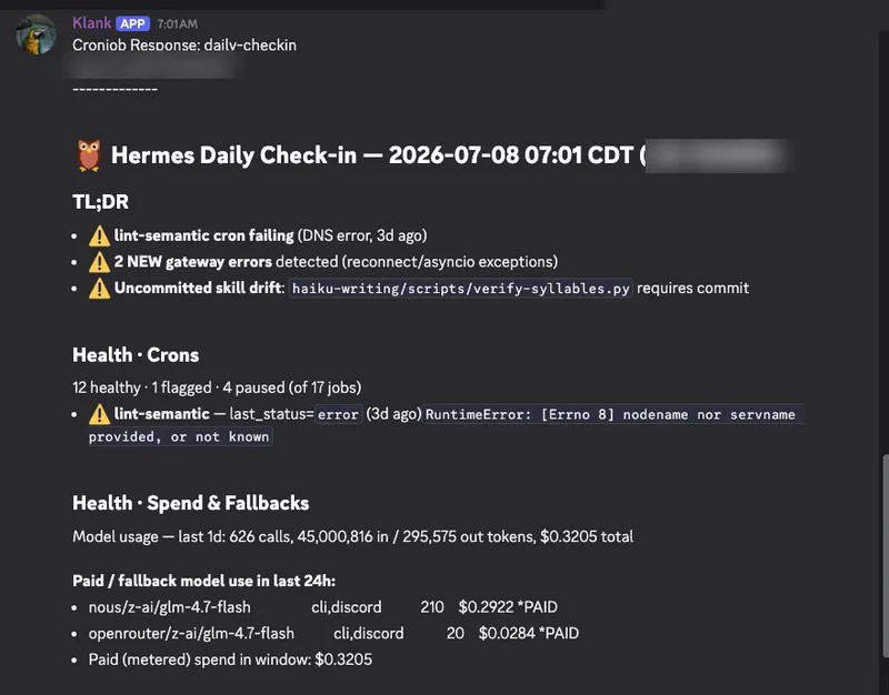 Klank's daily check-in posted to Discord: cron health, gateway errors, model spend — and a warning that uncommitted skill drift in the haiku skill requires commit.