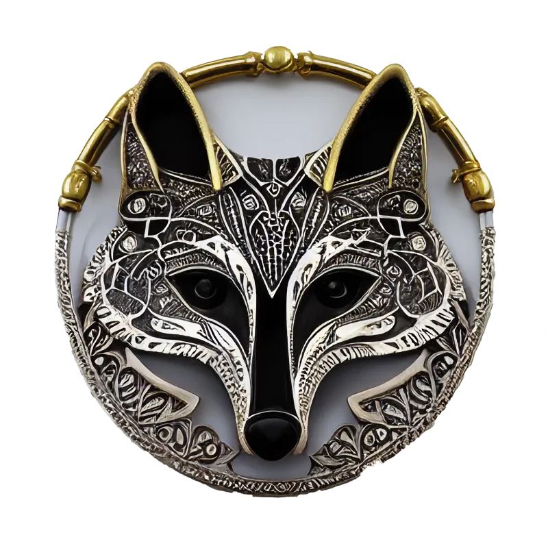 (DiffusionBee) Another fox medallion - wise fox in a beautiful round ornamental medallion, realistic eyes, face, muzzle, ears, mainly made of silver with gold inlay, a few gemstones, amber, blue diamond, sapphire, intricately etched, Etching, Detailed and Intricate, extremely fine etching
