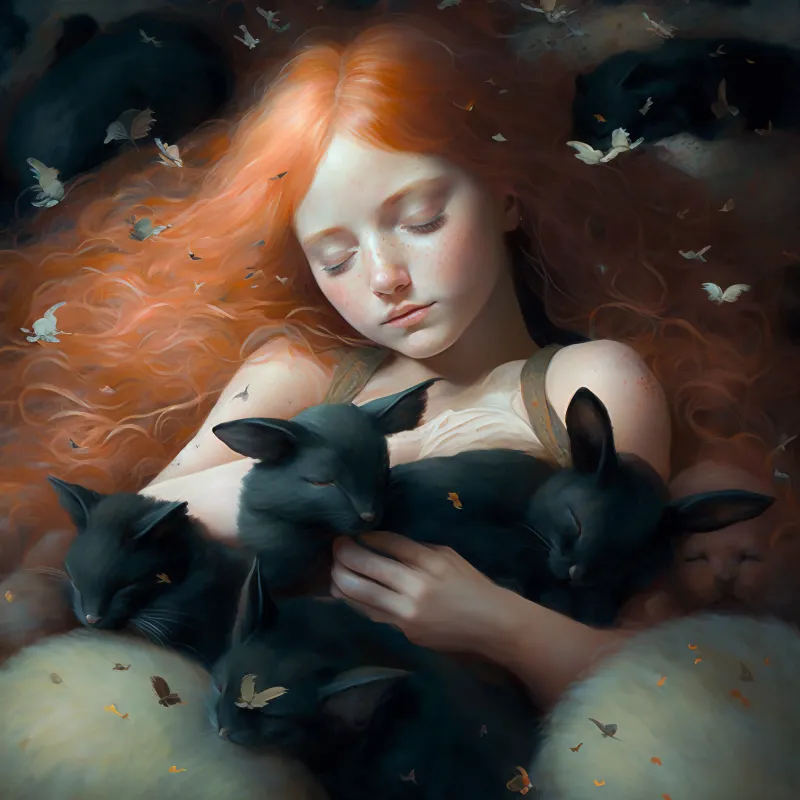 (Midjourney) Dreamscape - dreamscape young red haired girl having dream with cute black bunnies