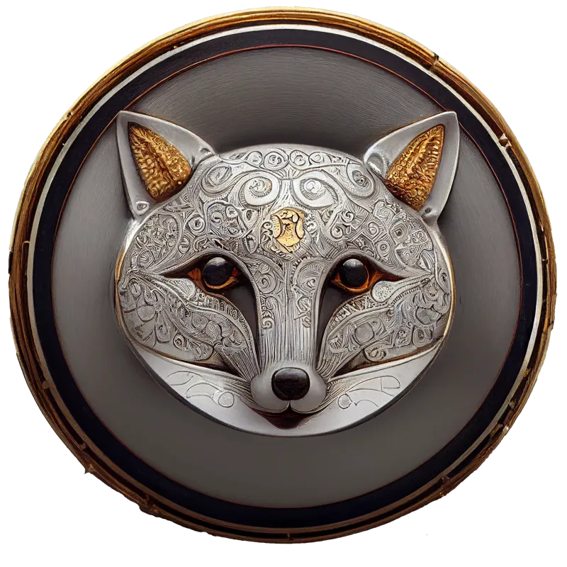 (Midjourney) Fox medallion - beautiful ornamental circular medallion of a wise crafty fox, realistic eyes, face, muzzle, intricate and detailed, glossy, finely etched silver with gold inlay