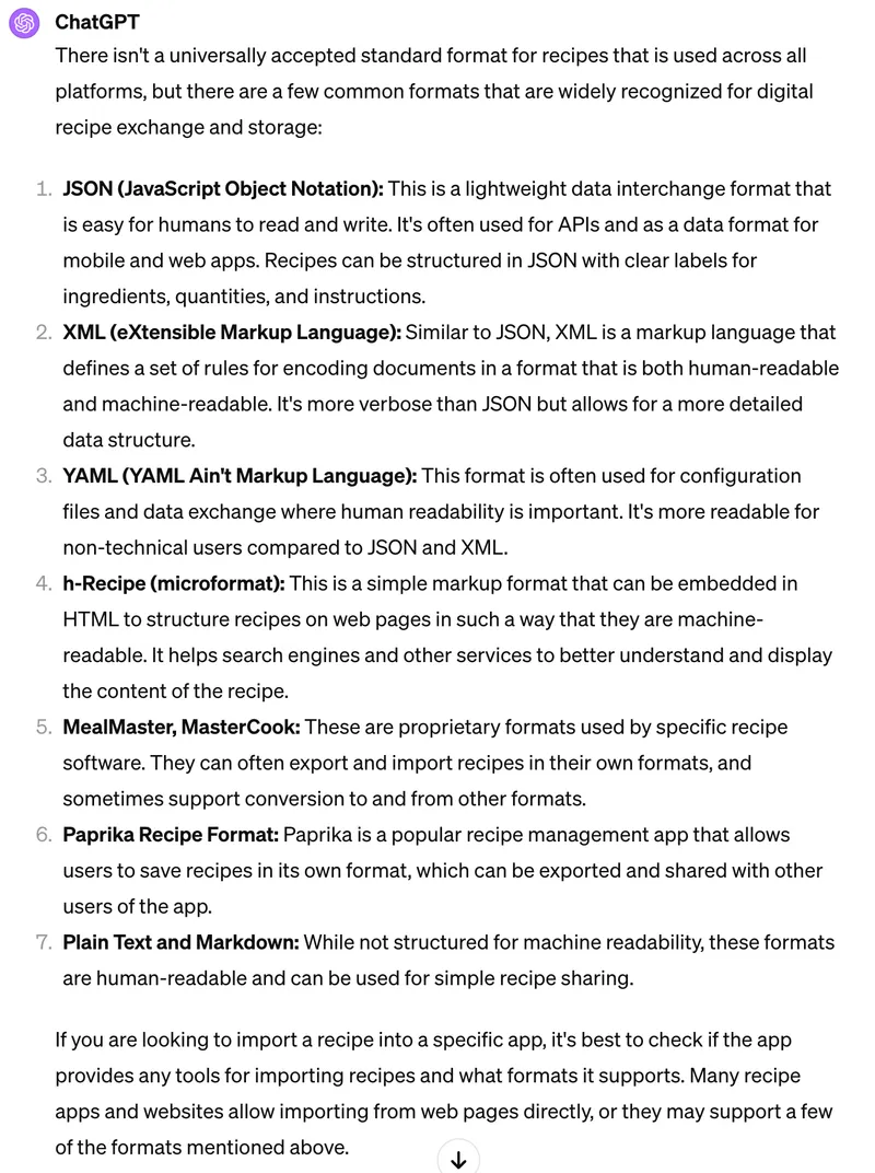 GPT-4V response about recipe interchange formats