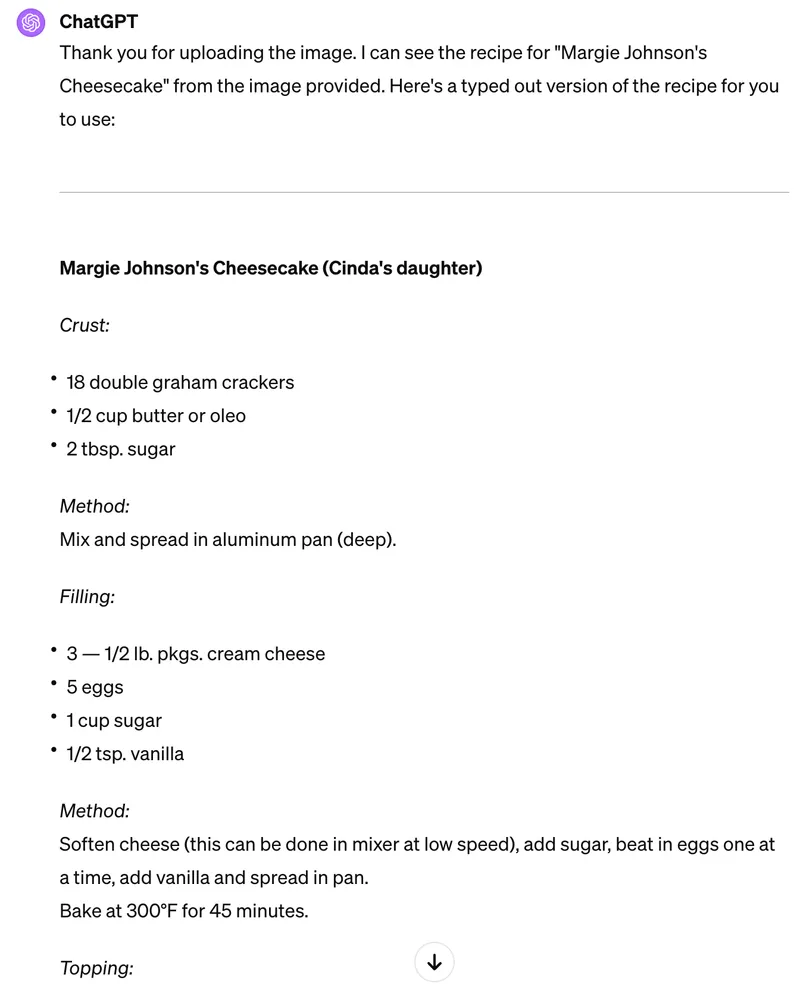 GPT-4V response to recipe image