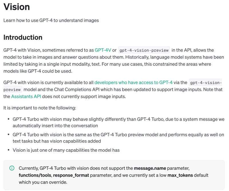 GPT-4 Vision API limitations notice