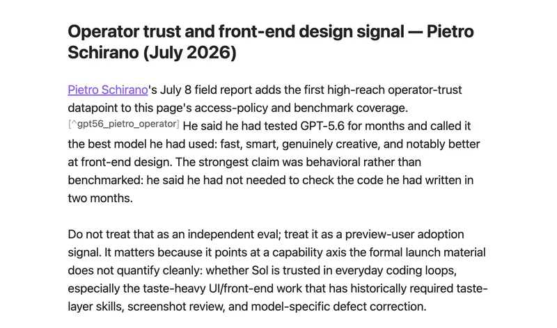 One section of the GPT-5.6 dossier, compiled this morning: the KB weighs a July 8 field report — and tells its reader exactly how much to trust it.