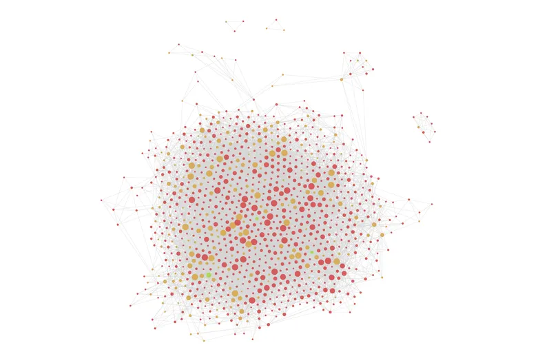 Obsidian graph view of the AI-industry knowledge base: a dense connected network of a thousand nodes — red entities, gold concepts, green comparisons.