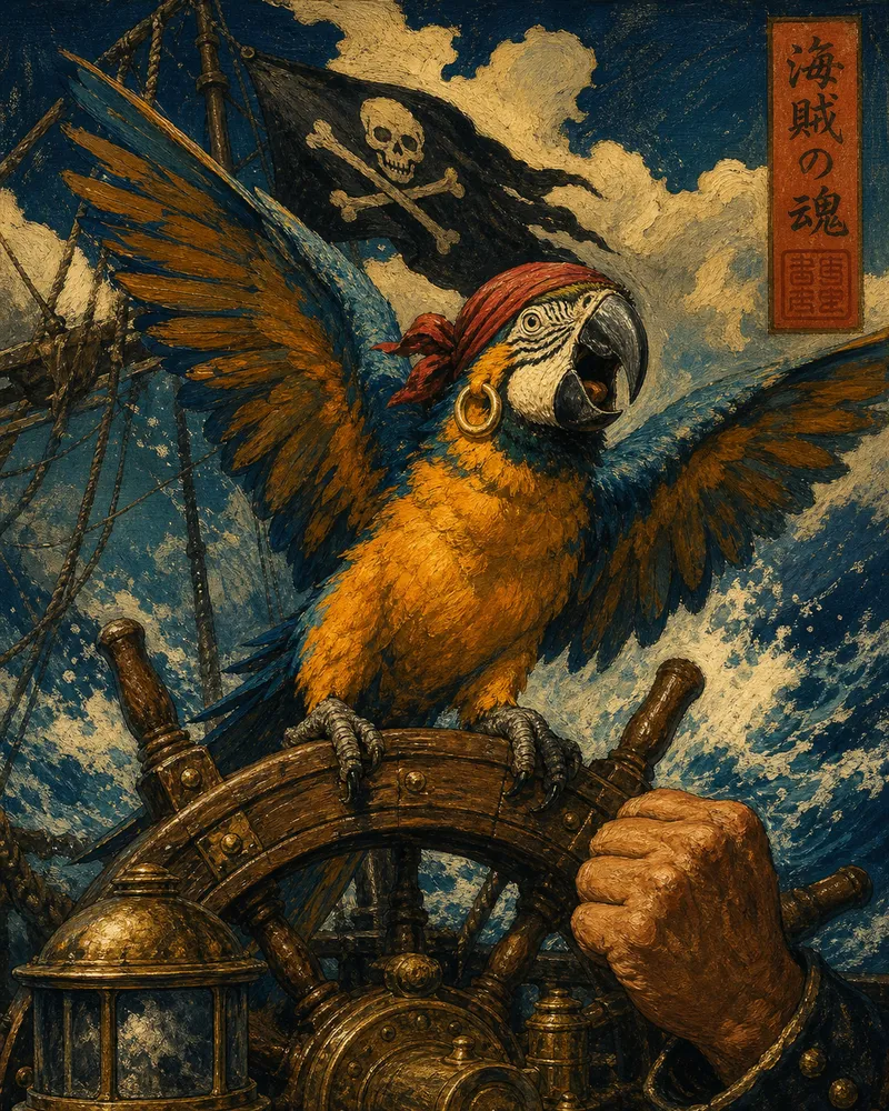 An oil painting of a pirate parrot with wings spread, squawking from a ship's wheel in a storm, a human hand gripping the wheel beside it, a Jolly Roger overhead, and a red seal reading 海賊の魂 — pirate soul.
