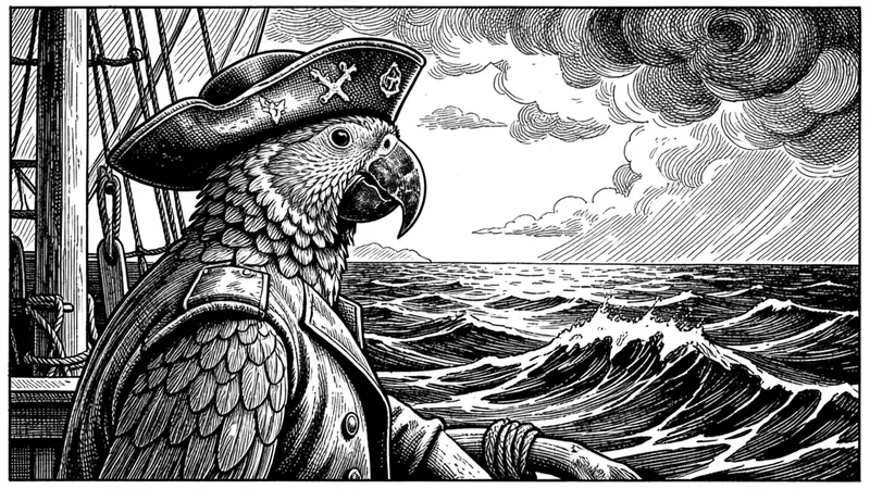 A black-and-white woodcut engraving of a pirate parrot in a tricorn hat at a ship's rail, gazing out over rough seas.