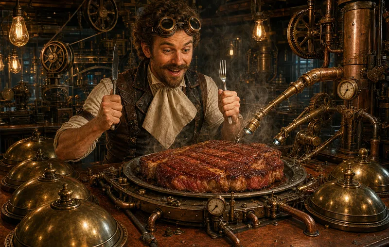 A steak surrounded by intricate brass steampunk machinery — meaty projects, processed by the machine