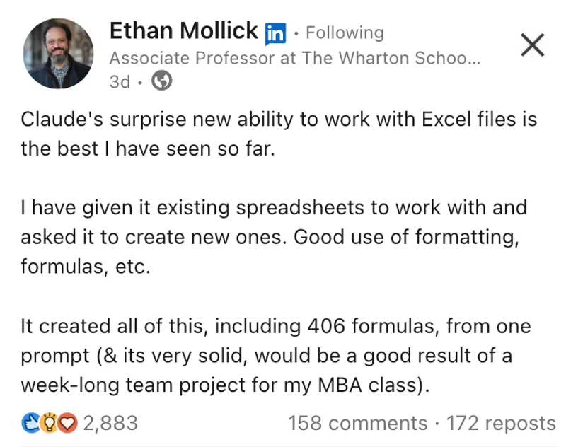 Ethan Mollick's example of Claude's Excel capabilities showing complex spreadsheet with formulas